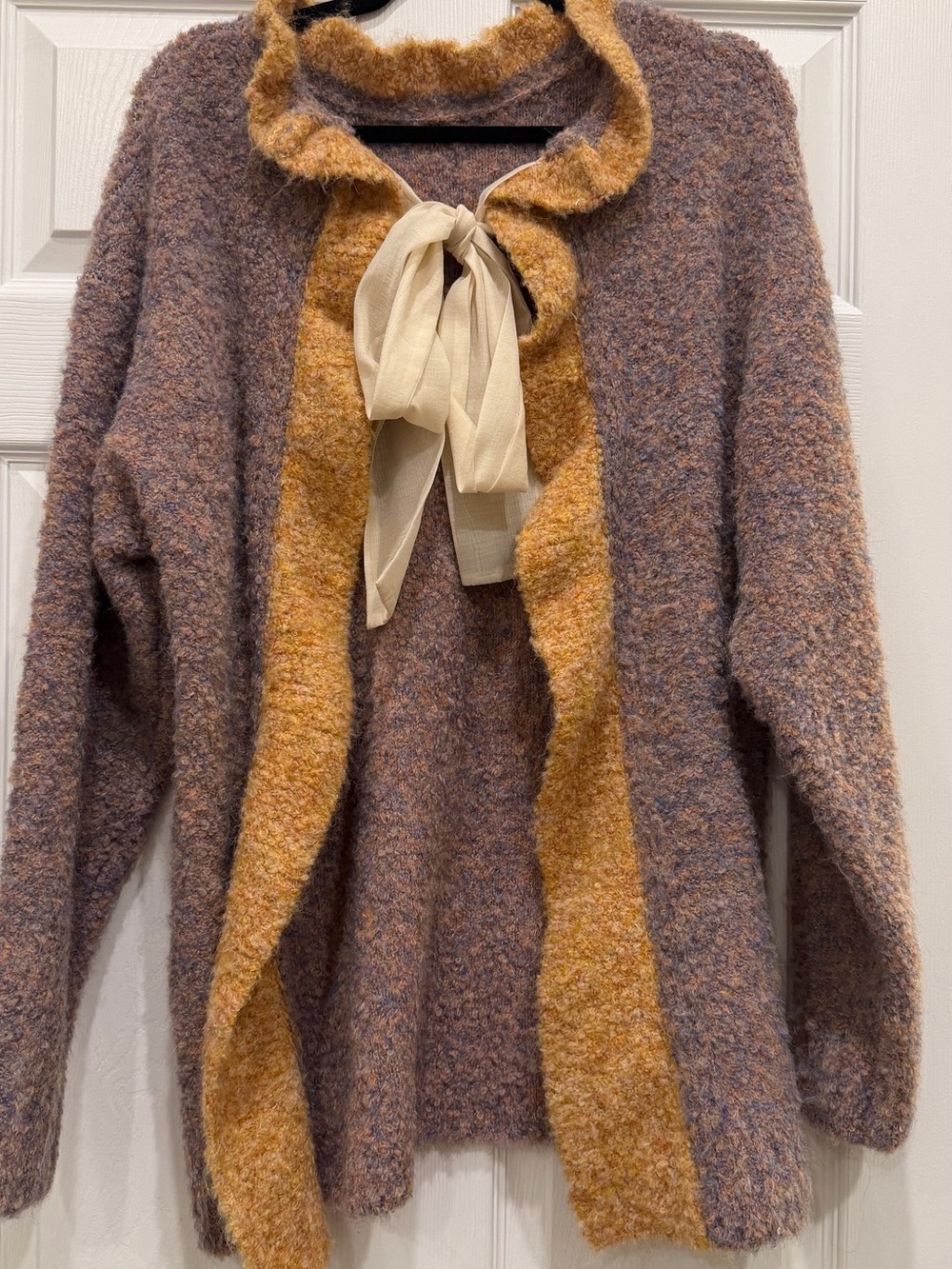 ZARA Cozy Tie-Neck Boucle Sweater in Mauve and Mustard